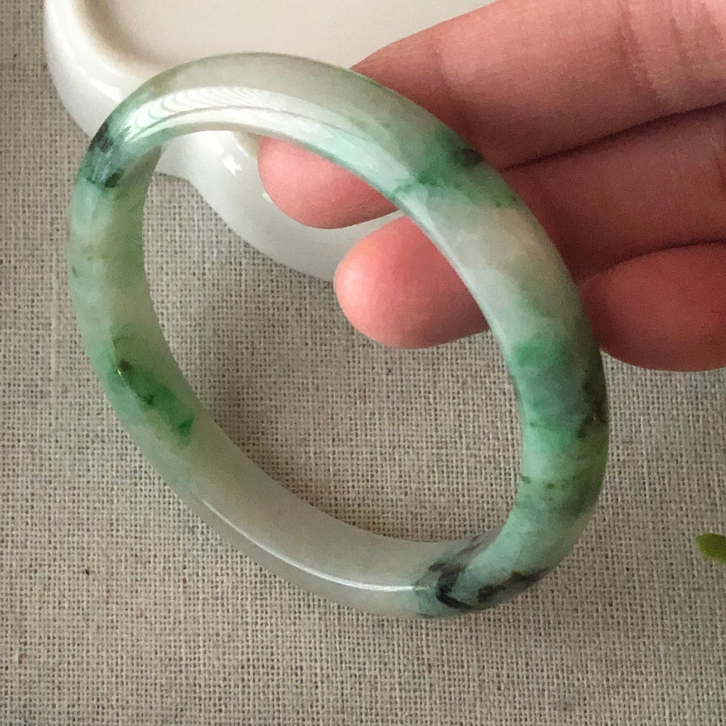 54.5mm Icy White Green Yellow Earthy Texture Jadeite Jade Bangle