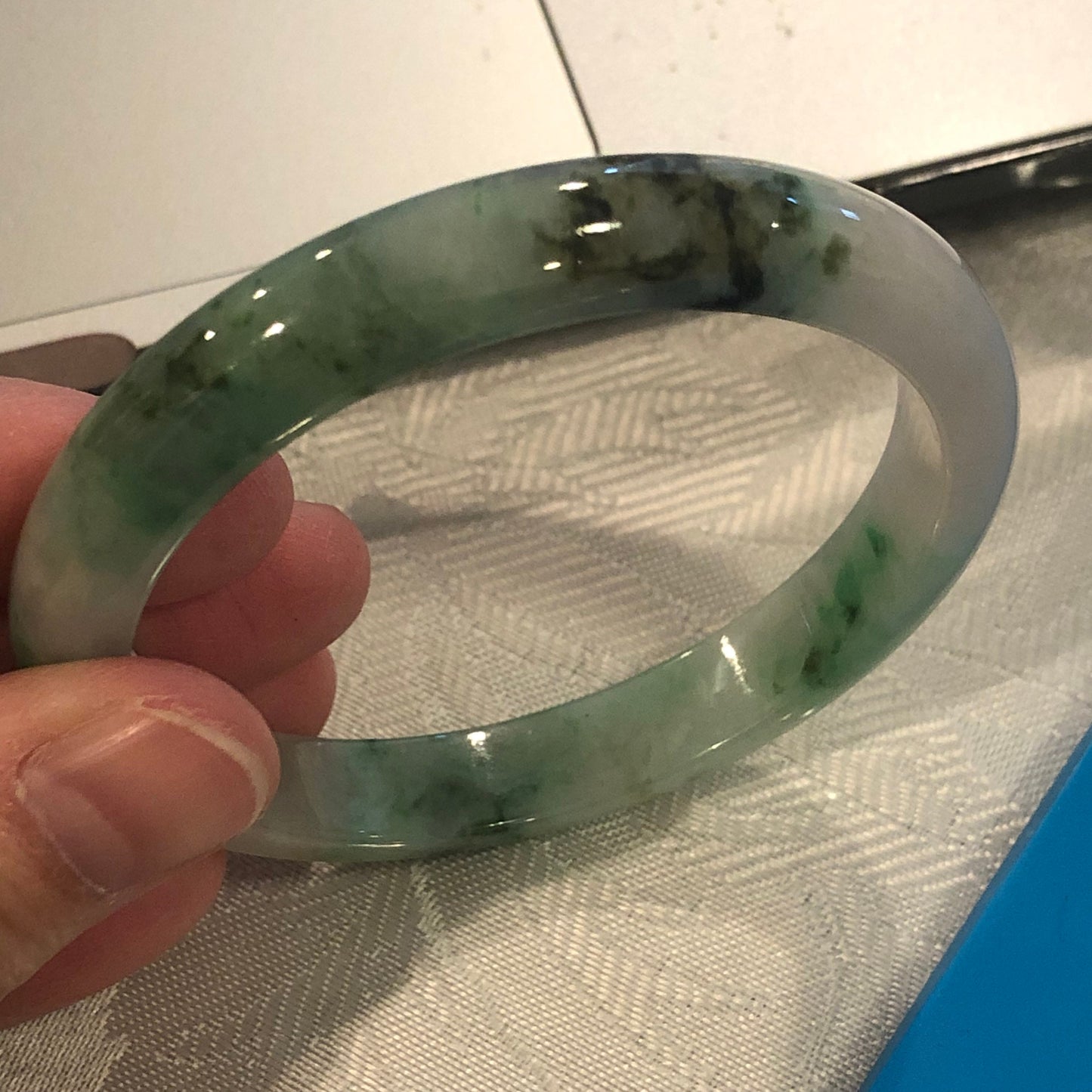 54.5mm Icy White Green Yellow Earthy Texture Jadeite Jade Bangle