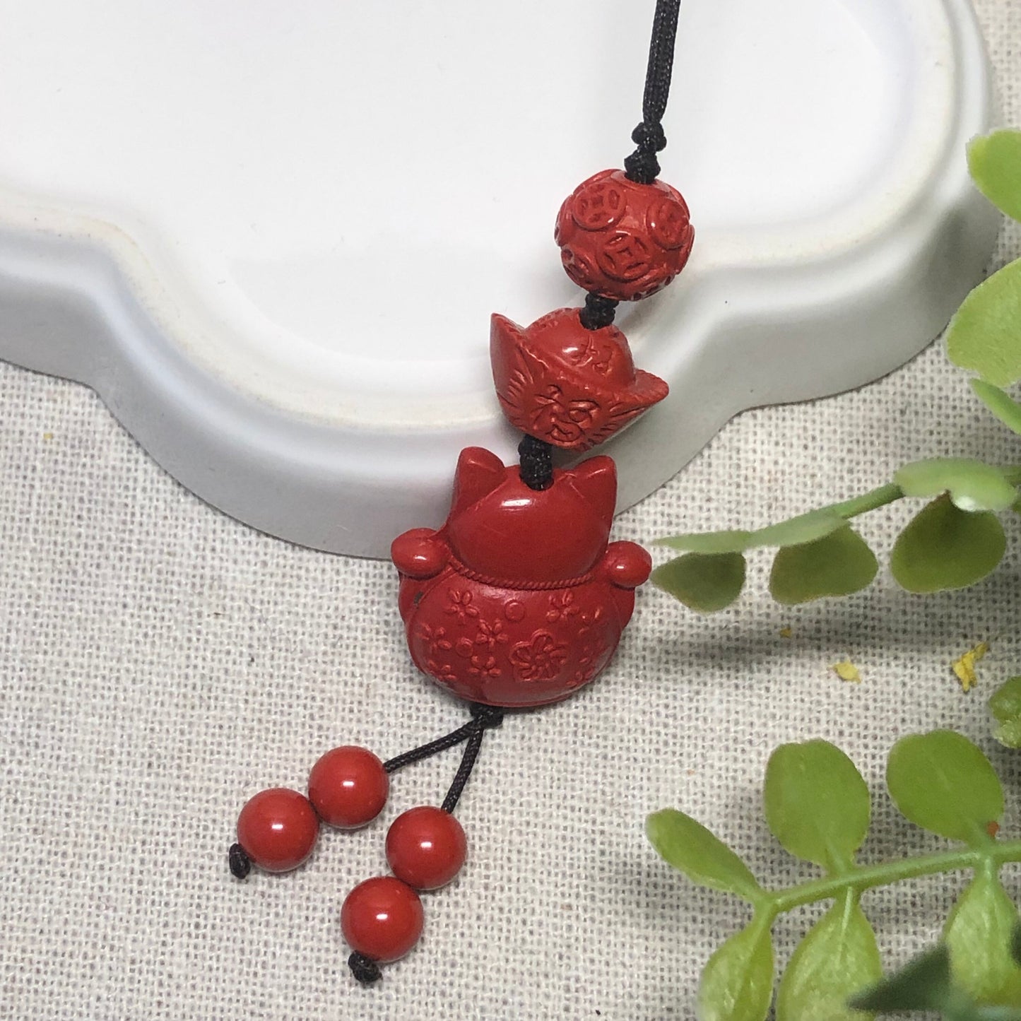 20 mm Cinnabar Carved Wealth Cat Jinbao Coin Ball Blessing Key Charm