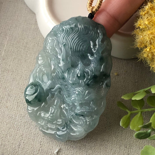 67mm Grade A Jade Jadeite Icy green float flowers carved dragon Pendant