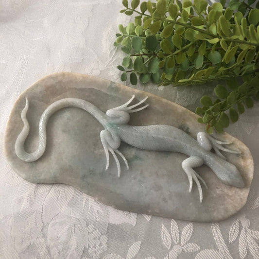 210 mm Earthy Jadeite Jade Green Brown Carved Lizard Display