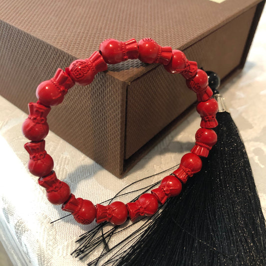 11.5x7.5 mm Cinnabar Carved Money Bag Bead Bracelet with Asian Fortune Character