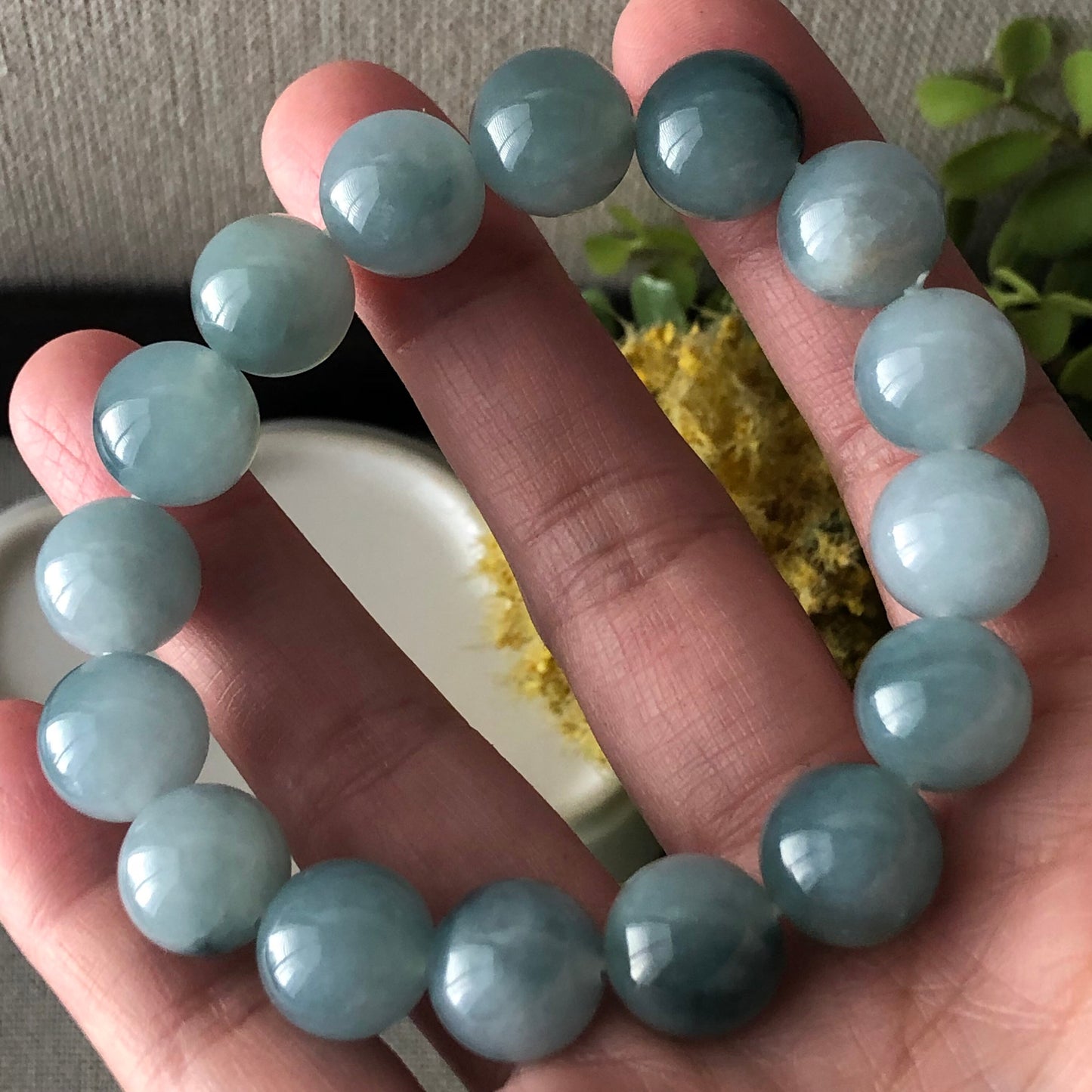 12mm Burma Jadeite Jade Earthy Greenish Blue Float Flowers Bead Bracelet