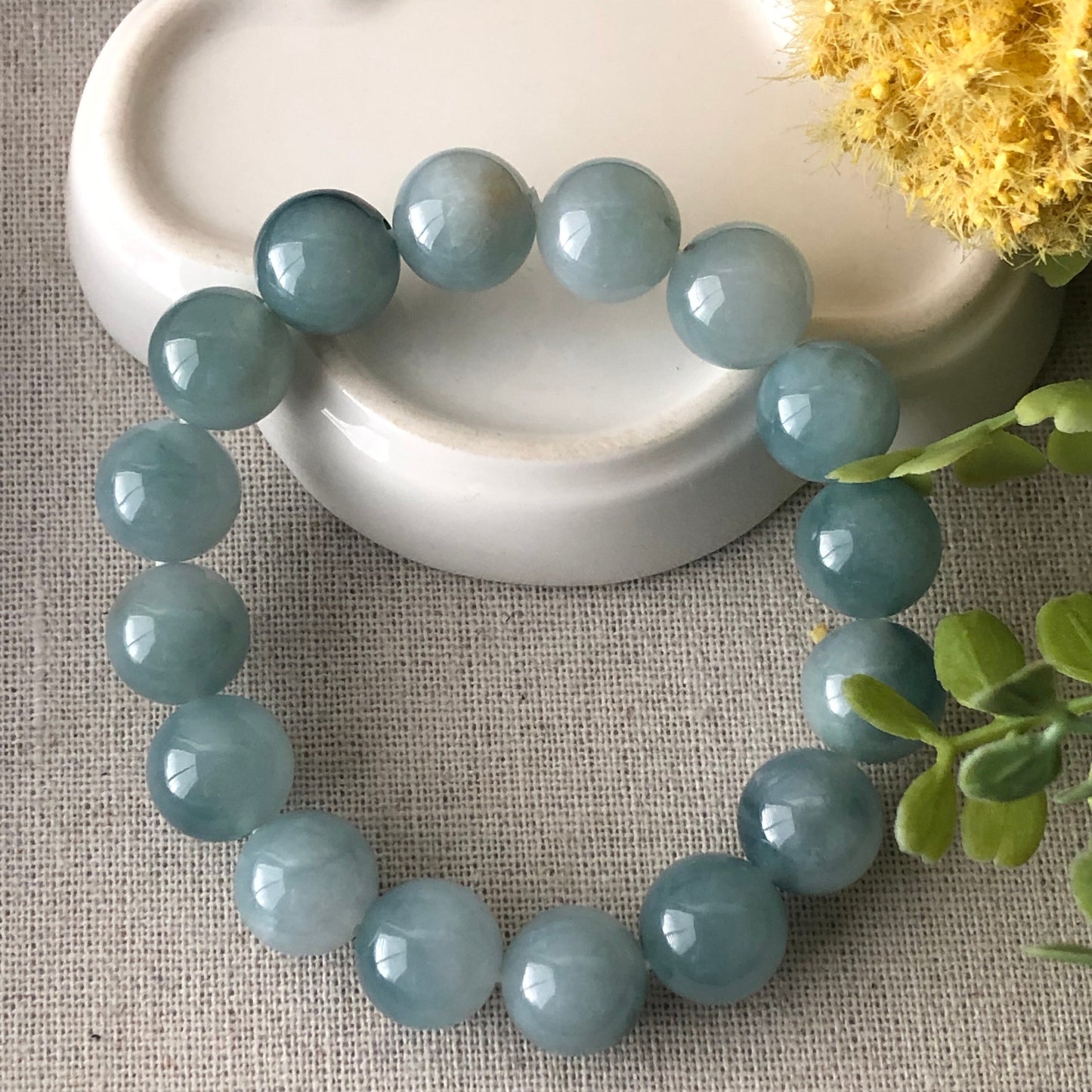 12mm Burma Jadeite Jade Earthy Greenish Blue Float Flowers Bead Bracelet