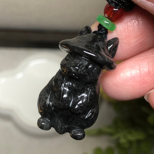 34.8mm Jadeite Jade wuji Black Carved Bunny Rabbit Hat Pendant