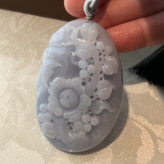 59mm Jadeite Jade Lavender Blue Glutinous Carved Floral Scenery Pendant
