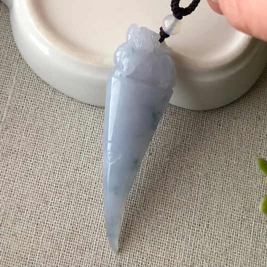 59mm Jadeite Jade Lavender Float Flowers Glutinous Carved Pixiu Tooth Pendant