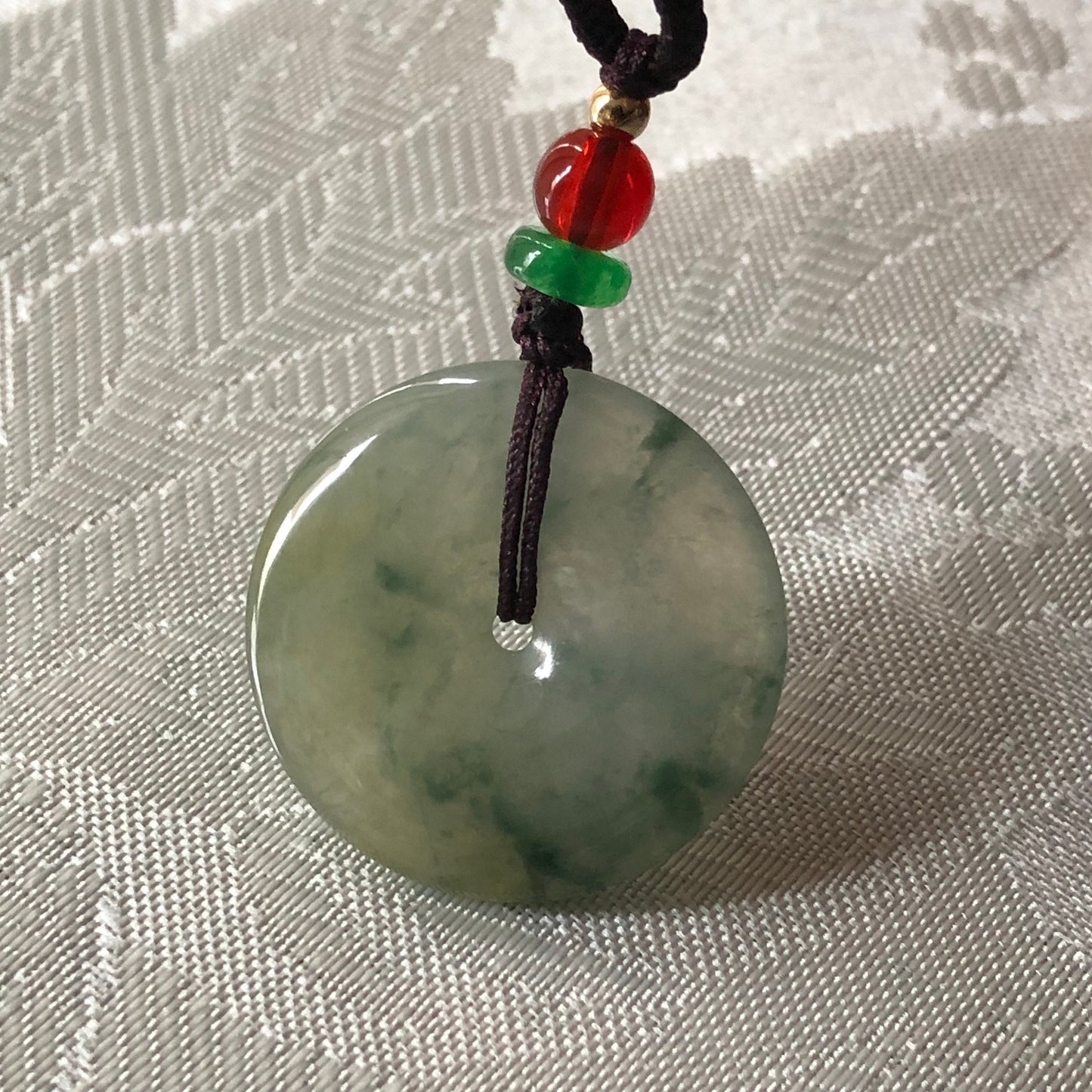 28mm Yellow Green Float Flowers Jadeite Jade Peace Donut Pendant