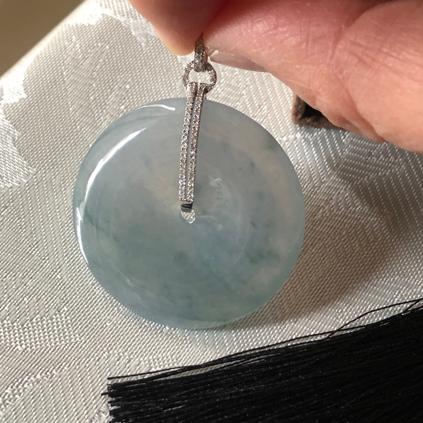 35 mm Icy Blue Green Floating Flowers Jadeite Jade Peace Donut Pendant