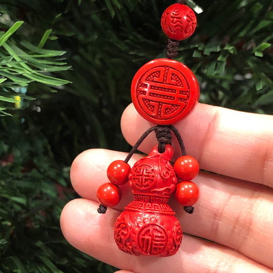 27 mm Cinnabar Carved Hulu Gourd Carved Asian Character Key Charm