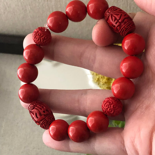 12 mm Cinnabar Round Shape Bead Bracelet with Carved Pattern