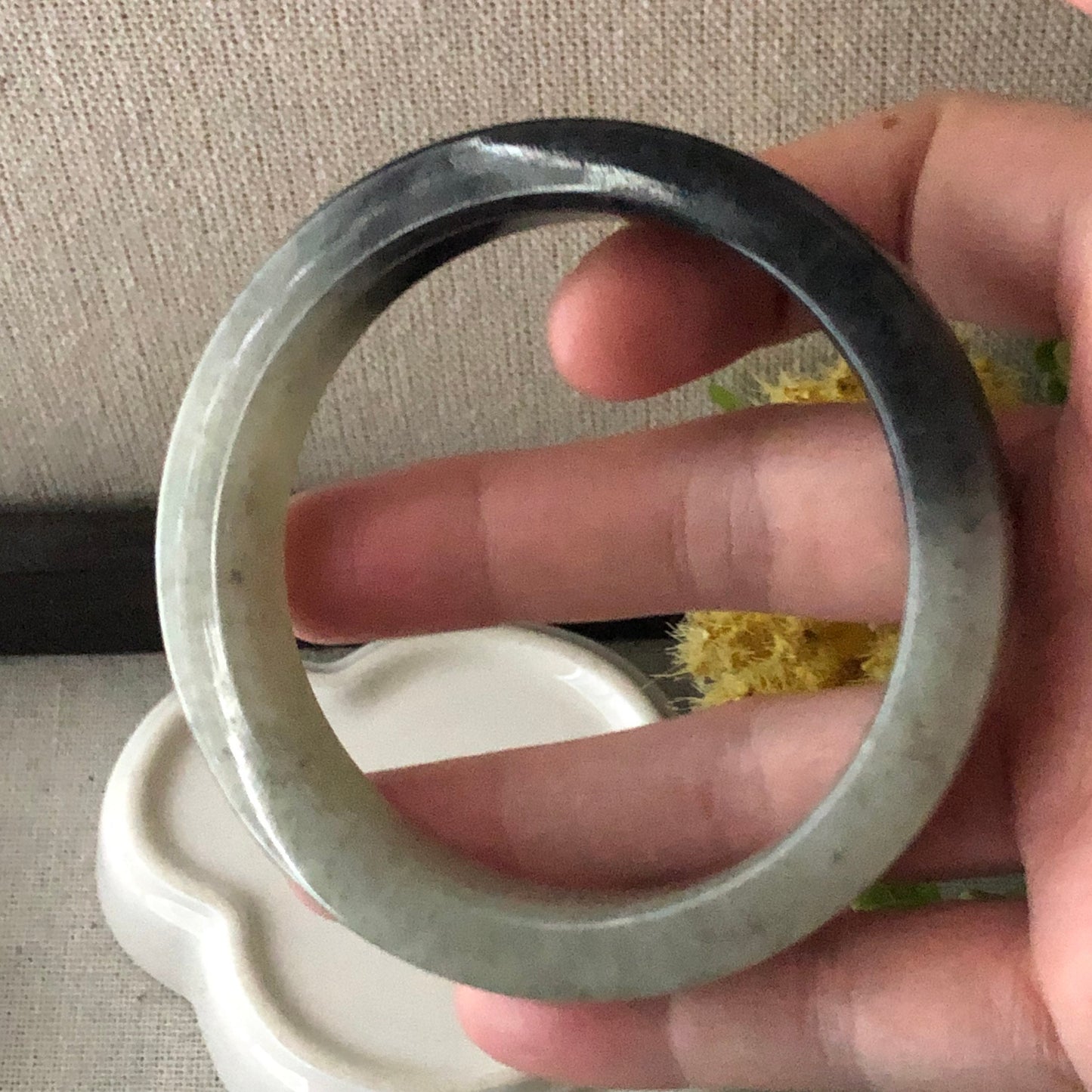 56mm Jadeite Jade Earthy Wuji Tint Yellow Cuff Bangle