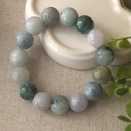 13 Jadeite Jade Earthy Tint Carved Green Blue Bead Bracelet