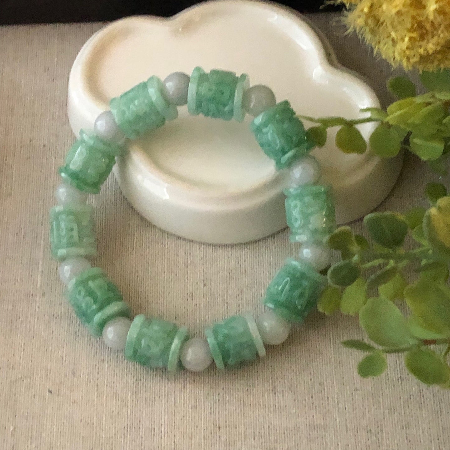 11x12.8mm Jadeite Jade Earthy Green Carved Six Word Blessing Bead Bracelet