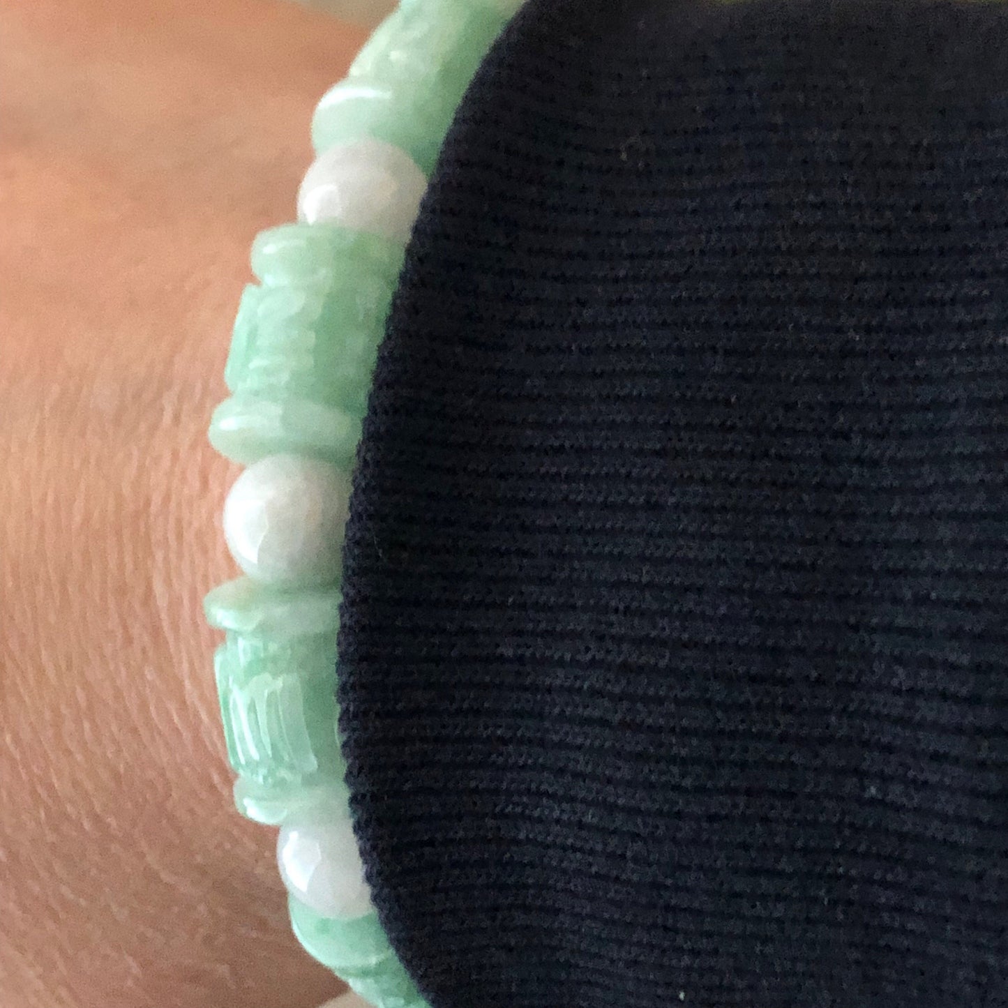 11x12.8mm Jadeite Jade Earthy Green Carved Six Word Blessing Bead Bracelet