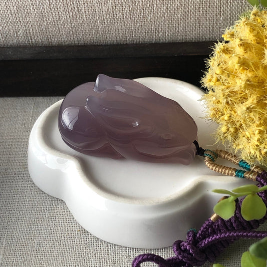 47mm High Quality Agate Lavender Carved Bunny Year of the Rabbit Pendant