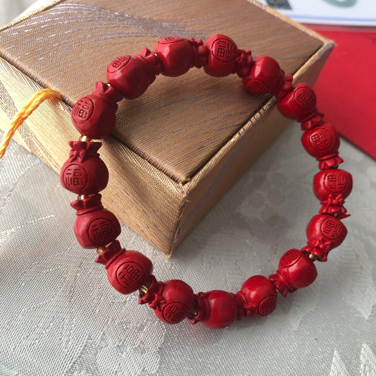 12x9.6 mm Cinnabar Carved Money Bag Bead Bracelet with Asian Fortune Character Large Size