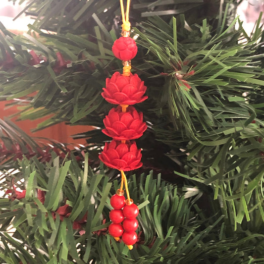 83 mm Cinnabar Carved 3 Lotus flower Carved Key Charm