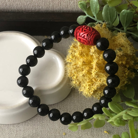 8mm Omphacite Black Jadeite Jade Bead Bracelet Carved Cinnabar Bead