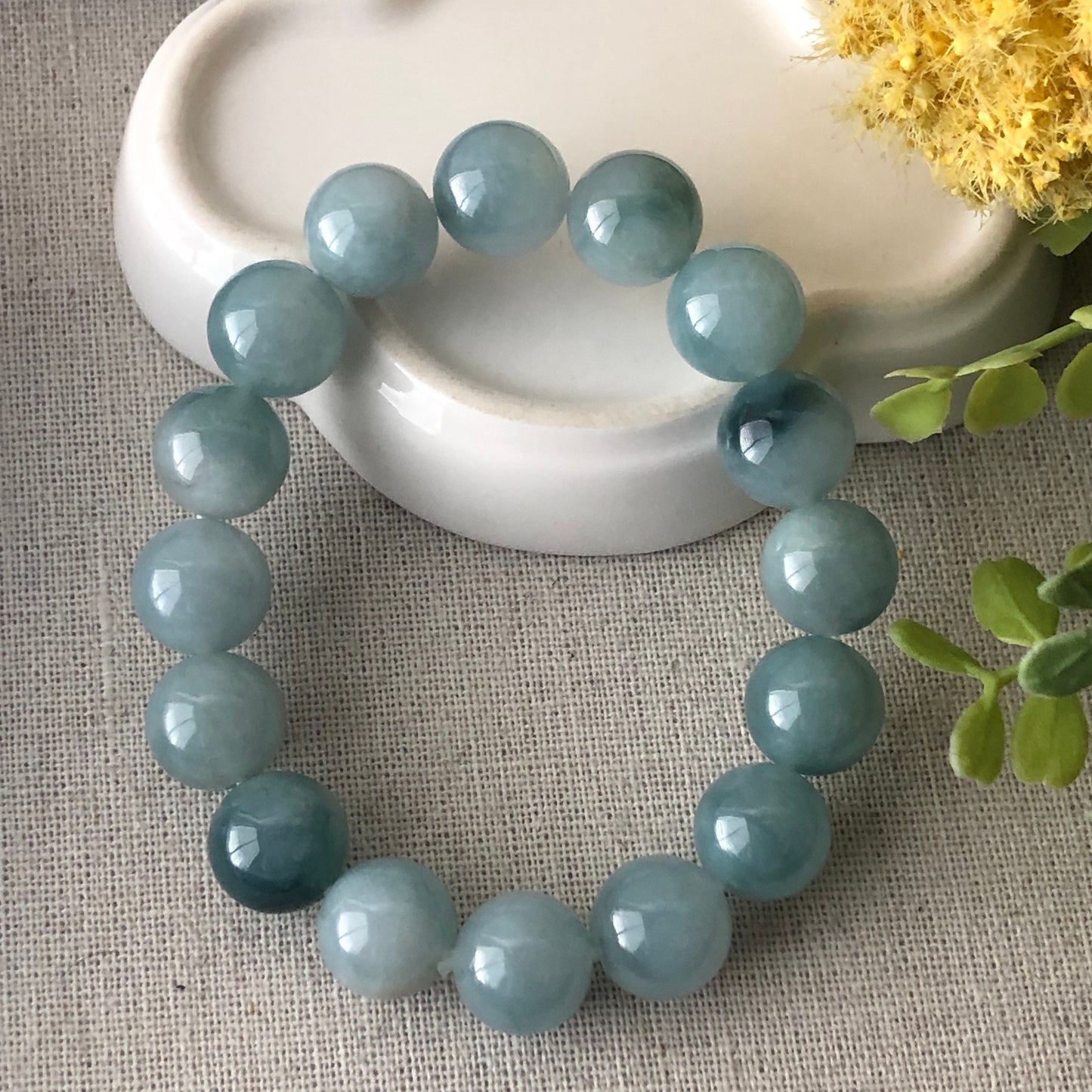 12mm Burma Jadeite Jade Earthy Greenish Blue Float Flowers Bead Bracelet