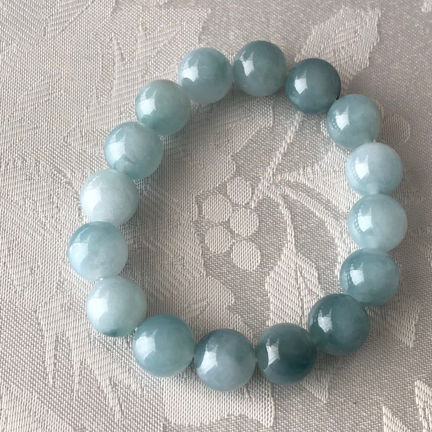 12mm Burma Jadeite Jade Earthy Greenish Blue Float Flowers Bead Bracelet
