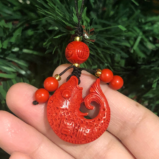 27 mm Cinnabar Carved Fish Koi Key Charm Pendant