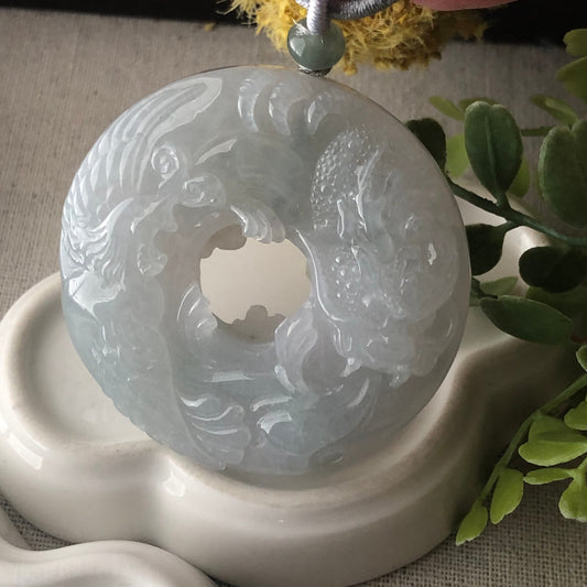 53mm Jade Jadeite Icy Light Green Glossy  Carved Dragon Pendant
