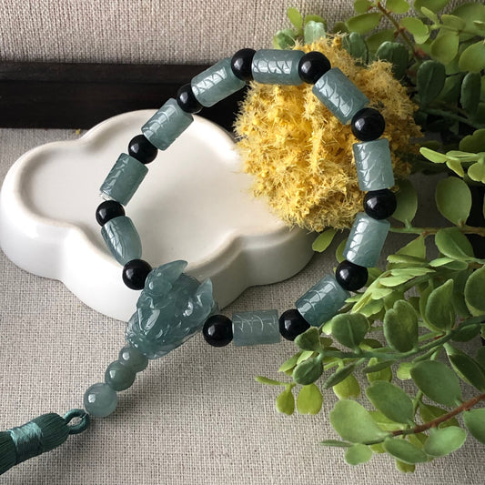 12x8mm  High Icy Guatemalan Jade Greenish Blue Carved Dragon Scale Head Bead Bracelet