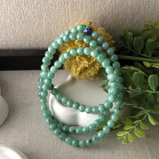 6.3mm Green Float Flowers Jadeite Jade Round Bead Bracelet Necklace