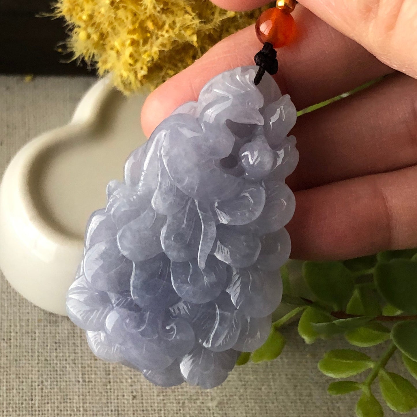 53 mm Icy Lavender Carved Phoenix Jadeite Jade Pendant