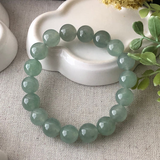11mm Jade Jadeite Icy Green Round Bead Bracelet