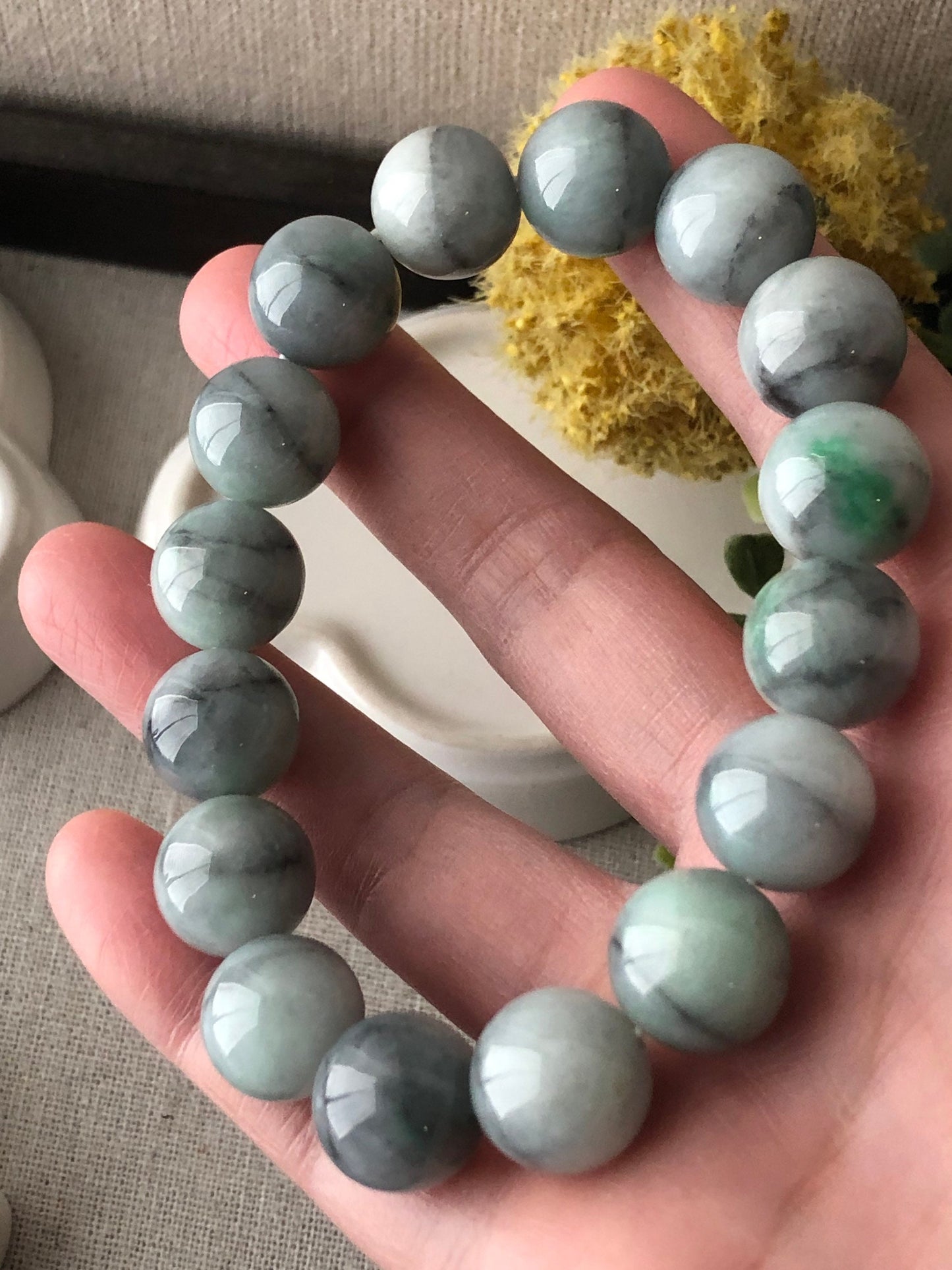 13.4mm Jade Jadeite Icy Green Wuji Round Bead Bracelet