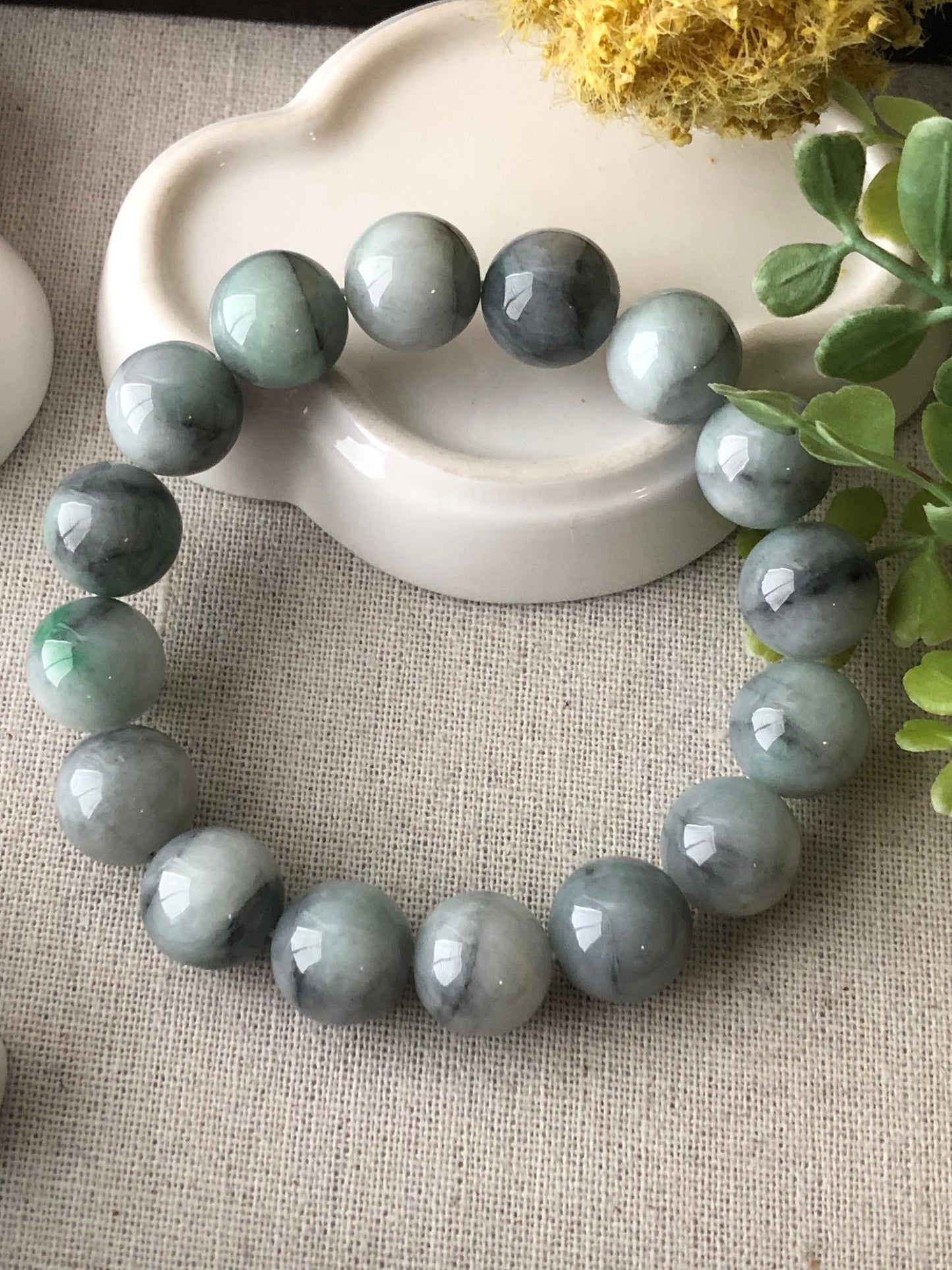 13.4mm Jade Jadeite Icy Green Wuji Round Bead Bracelet