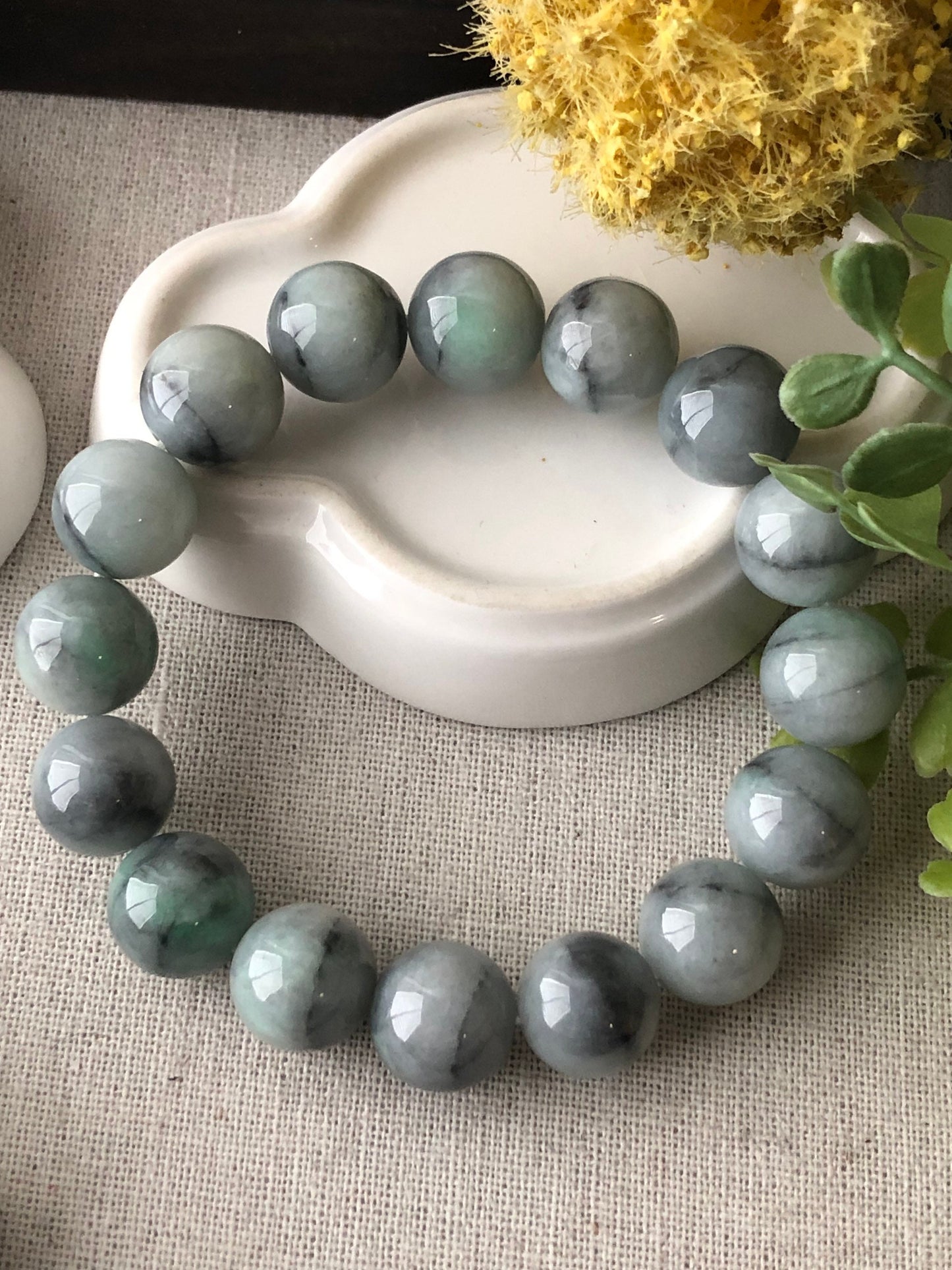 13.4mm Jade Jadeite Icy Green Wuji Round Bead Bracelet