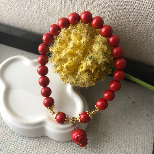 8mm Cinnabar Bead Bracelet with Carved Doraemon Charm