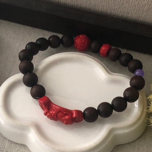 8.5 mm Cinnabar Carved Pixiu Ruyi Blessing Bead Bracelet
