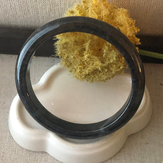 57mm Icy Wuji Black Jadeite Jade D shaped slim Bangle