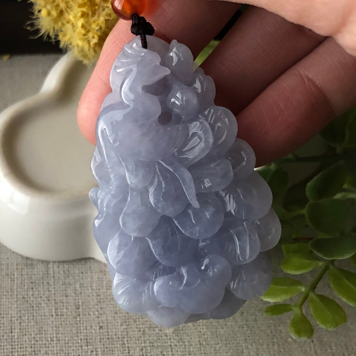 53 mm Icy Lavender Carved Phoenix Jadeite Jade Pendant