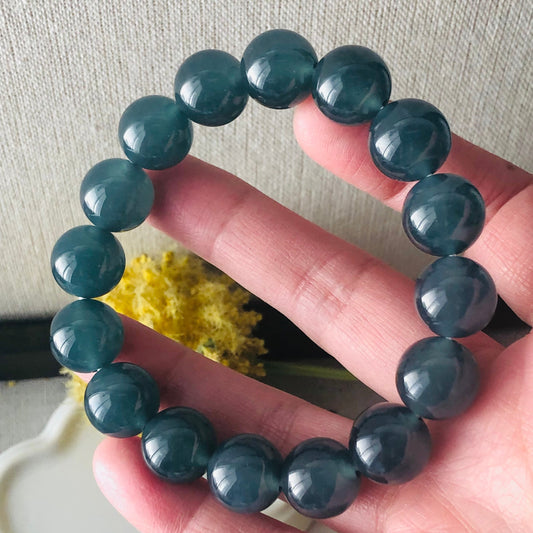 13mm High Quality Icy Glossy Guatemalan Jade Blue Green Round Bead Bracelet 16pcs. RARE