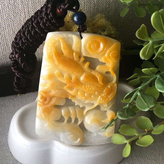 62mm Jadeite Jade Yellow Carved Dragon Pendant Neck Rope Tie