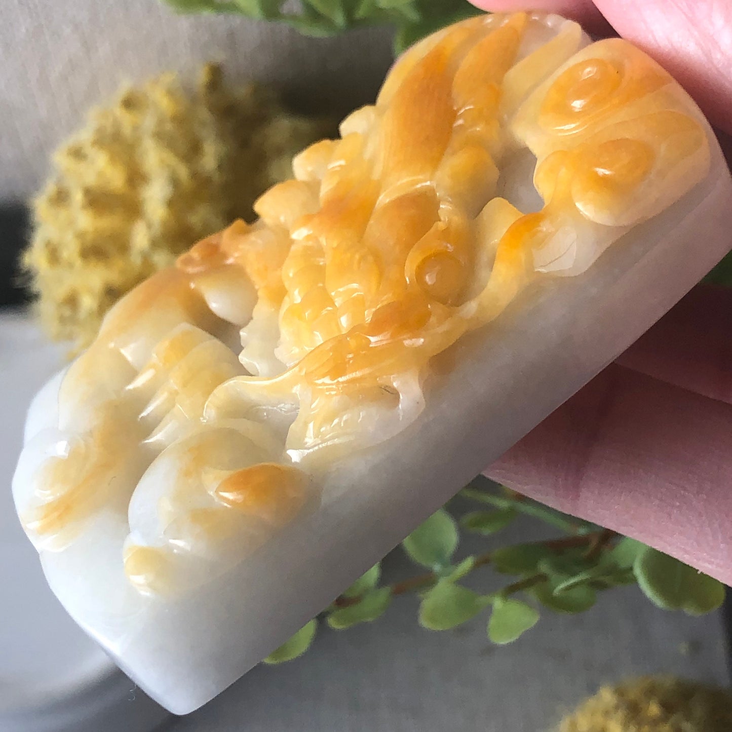 62mm Jadeite Jade Yellow Carved Dragon Pendant Neck Rope Tie