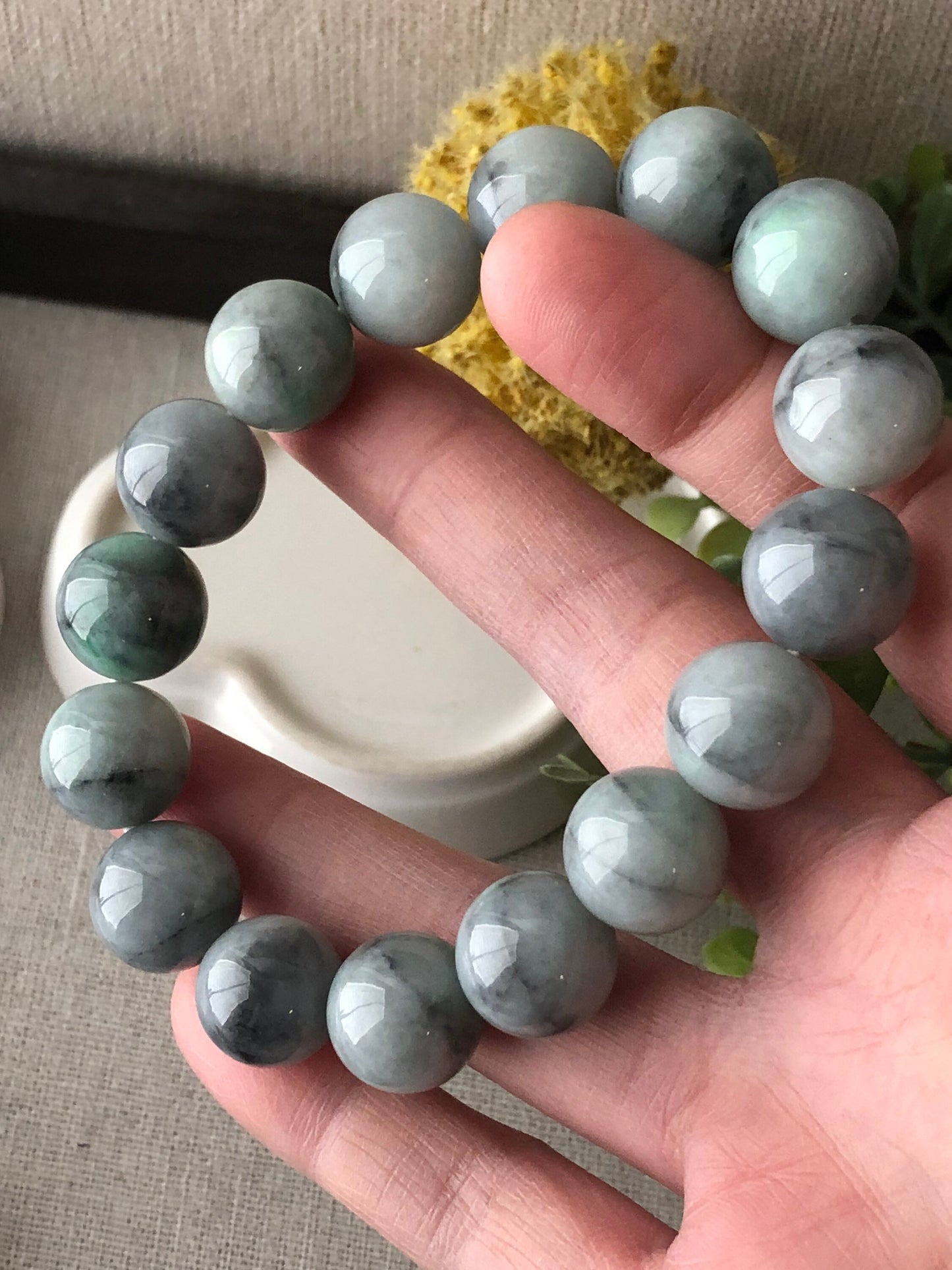 13.4mm Jade Jadeite Icy Green Wuji Round Bead Bracelet