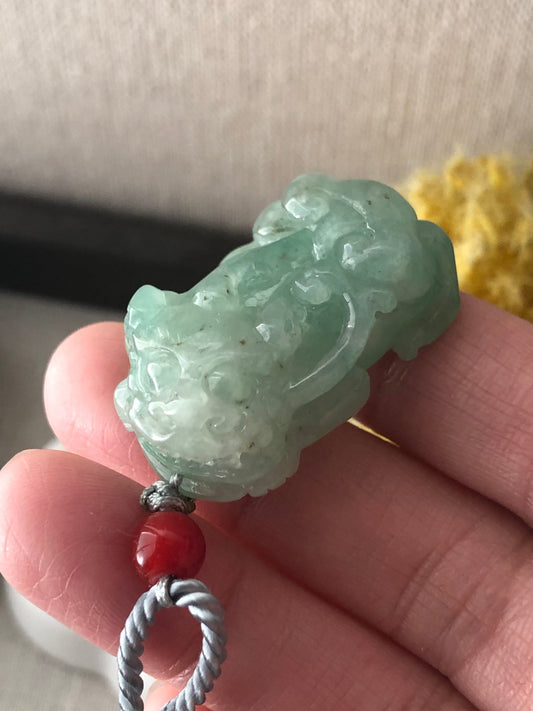 34.3mm Icy Green Jadeite Jade Carved Pixiu Pendant