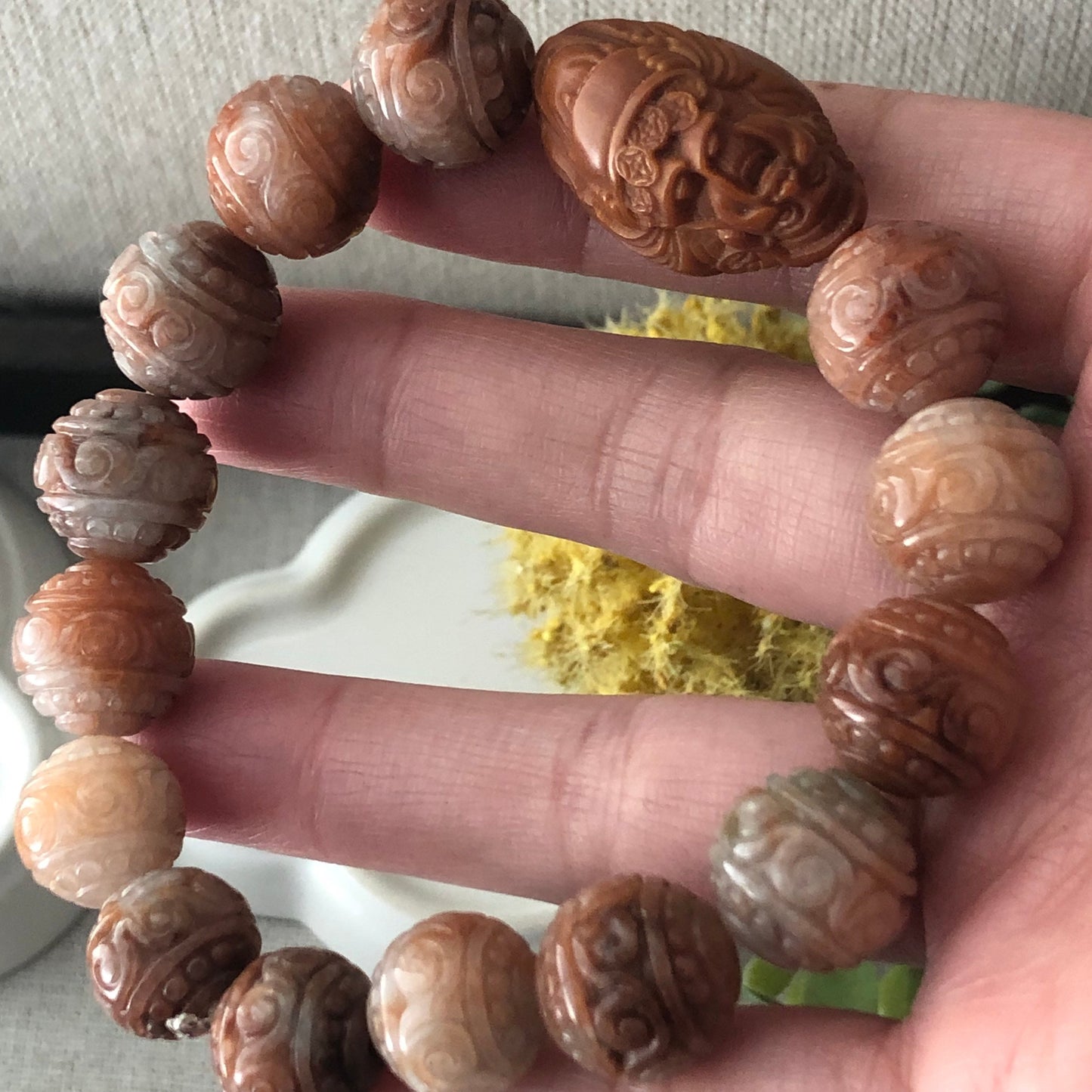 13.4mm Jade Jadeite Earthy Ref Brown Carved Round Bead Bracelet