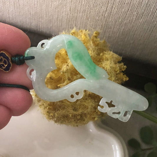 56mm Greenish Jadeite Jade Carved Key to my Heart Pendant Charm Keyring