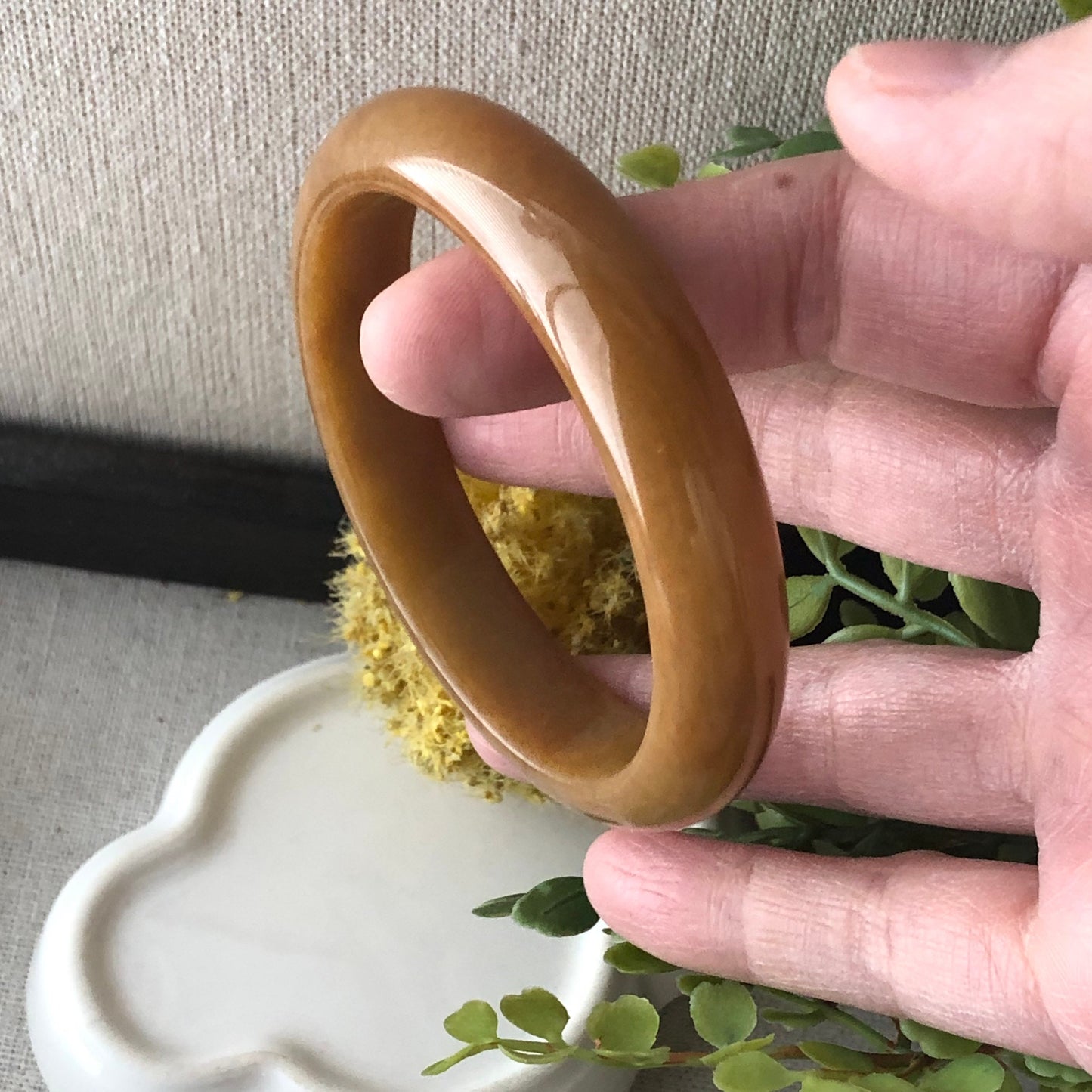 56.5mm Icy Jadeite Jade Yellow Brown Bangle