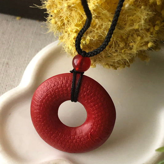 30mm Cinnabar Carved Ruyi Clouds Word Blessing Key Charm Donut Pendant