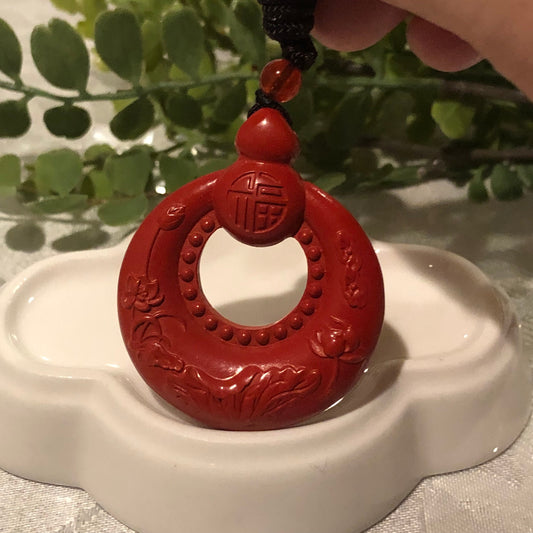 38mm Cinnabar Carved Hulu Ruyi Six Word Blessing Key Charm Donut Pendant