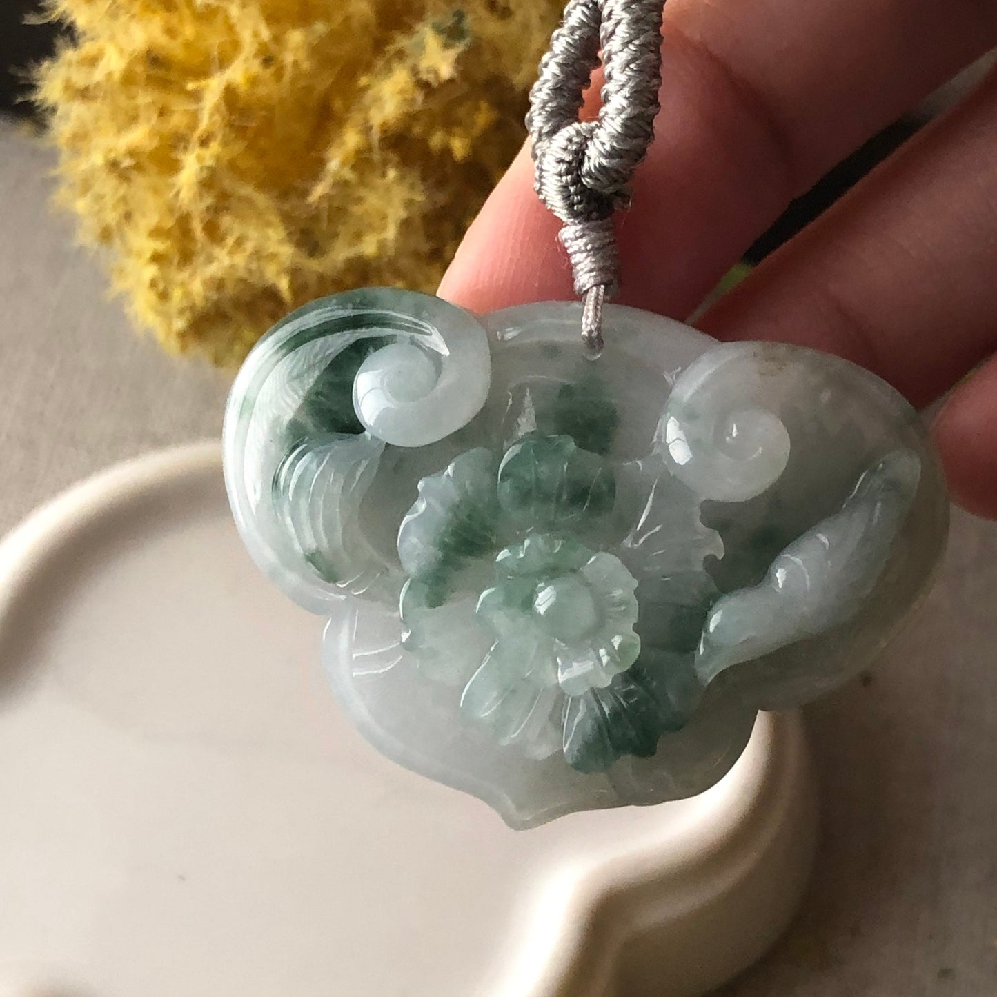 32.7mm Icy Green Float Flowers Jadeite Jade Ruyi Cloud Carved Flower Bird Pendant
