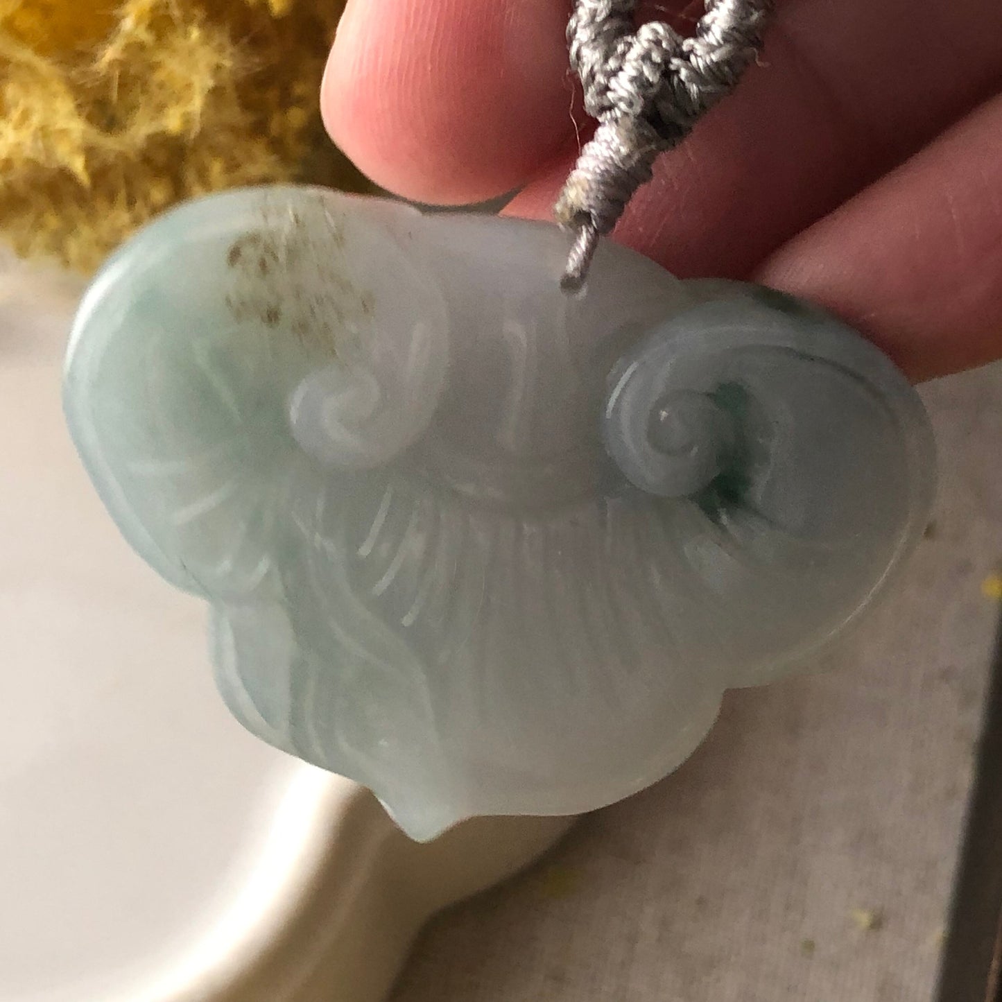 32.7mm Icy Green Float Flowers Jadeite Jade Ruyi Cloud Carved Flower Bird Pendant